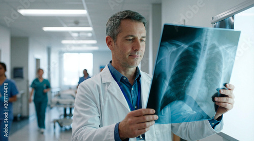 Doctor examining chest X-ray in hospital corridor with medical staff in background