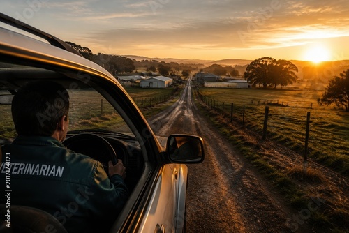 Veterinarian drives toward farm along rural road. Morning light highlights urgent salmonella outbreak response. Use for agricultural health or veterinary service news.