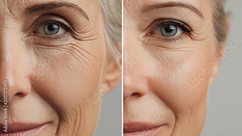 Split image comparing a woman's aged skin before and after cosmetic treatment, highlighting wrinkle reduction and smoother complexion.