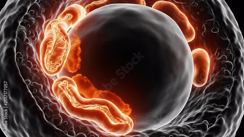 microscopic view of a biological cell structure with glowing organelles inside, dark background