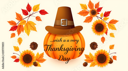 Festive thanksgiving day greeting with pumpkin sunflowers and autumn foliage design