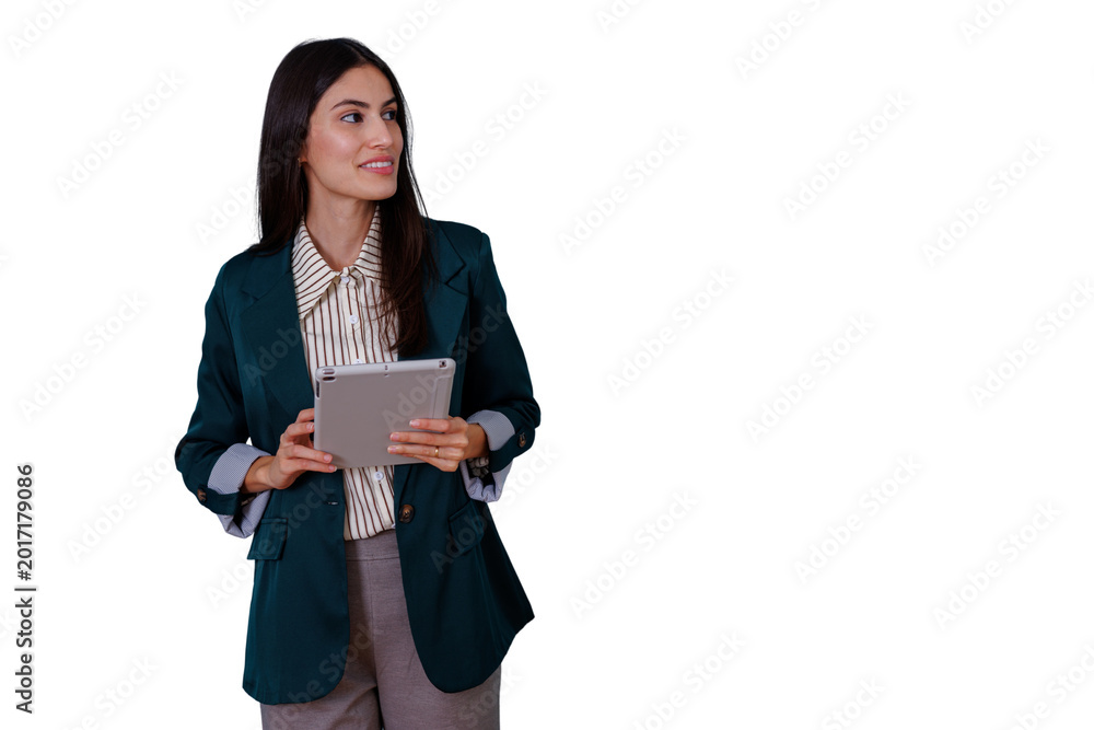 Fototapeta premium Confident business woman holding tablet and looking away, smiling while presenting ideas on transparent background