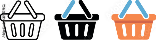 Foto Set of shopping basket vector icons in outline black and colorful orange styles