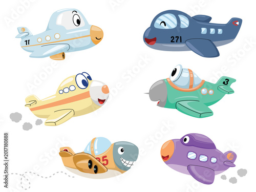 Cute cartoon smiling airplanes vector illustration set for kids