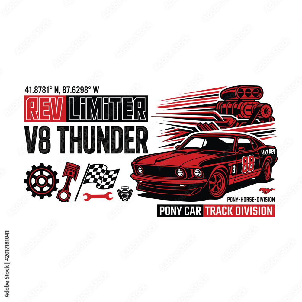 Fototapeta premium Classic muscle car with racing graphics and engine illustration