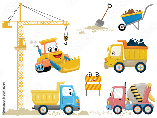 Cute cartoon construction vehicles and equipment vector illustration set