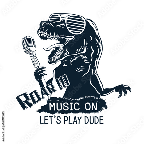 Dinosaur holding microphone with retro sunglasses and music text