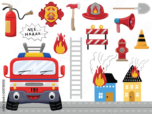 Cute cartoon fire truck and firefighter equipment vector illustration set