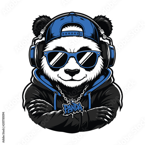 Panda wearing headphones and sunglasses with music theme