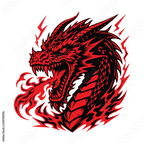 Fierce red dragon roaring with flames in dynamic illustration
