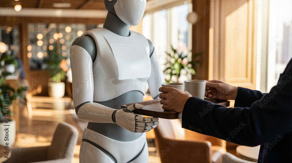 Naklejka premium Robot waiter holding wooden tray with ceramic cups near person in office.