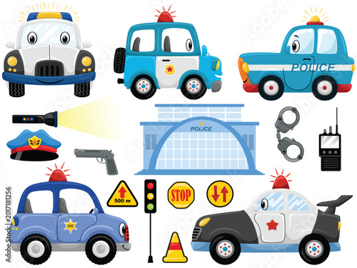 Cute cartoon police cars station and equipment vector illustration set