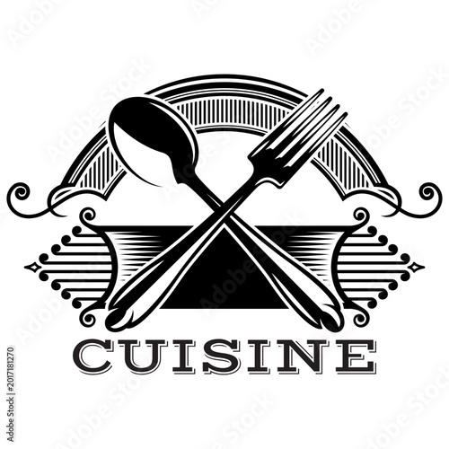 Elegant Culinary Cuisine Emblem with Crossed Spoon and Fork Vector Icon for Restaurant and Food Branding.