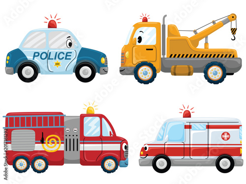 Cute cartoon emergency vehicles police fire ambulance and tow truck