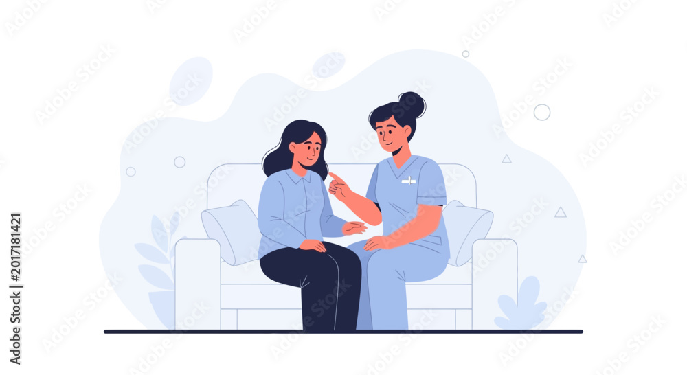 Fototapeta premium Nurse comforting patient on couch, healthcare consultation support graphic