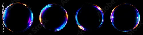 Holographic Soap Bubble Set. 3D soap bubbles set isolated  On Black Background. radiant glowing sphere floats inside a round PNG frame with vibrant liquid gradients swirling around