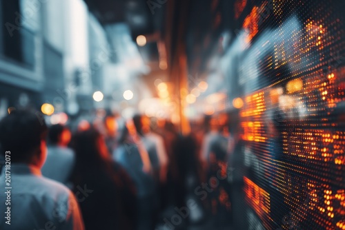 People walking by a digital display with stock market data