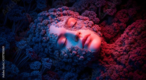 Serene face sleeping inside organic coral reef texture. Deep relaxation and biological nature concept. Close up of human skin blending into intricate pink and blue cauliflower structures