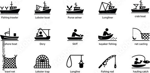 Fotografie Large collection of commercial fishing boat icons featuring trawler lobster boat