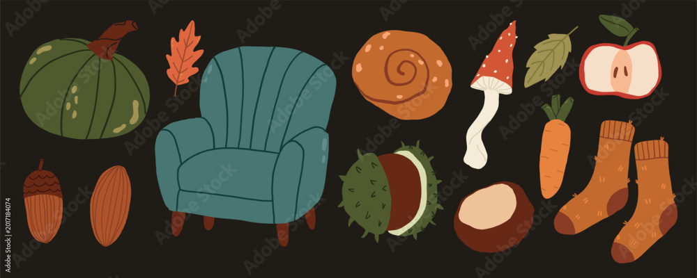 Fototapeta premium Autumn cozy home vector set on dark background with comfortable armchair, pumpkins, chestnuts, mushrooms and warm socks for hygge lifestyle design