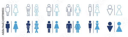 Картината върху платно Blue toilet restroom icon set with family pregnancy and accessible bathroom sign