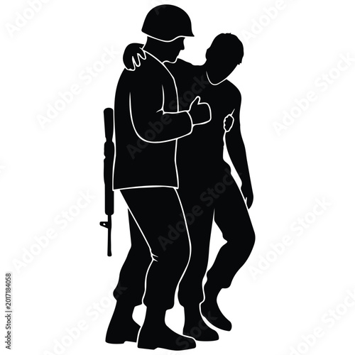 Tableau sur toile Soldier helping wounded comrade line art illustration of wartime assistance and courage