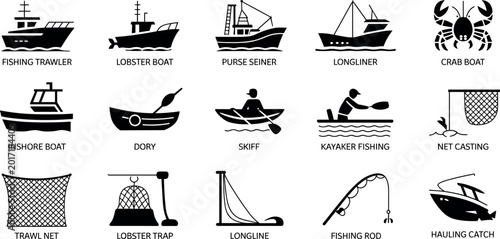 Bild auf Leinwand Large collection of commercial fishing boat icons featuring trawler lobster boat