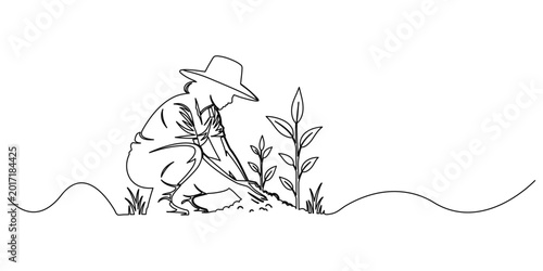 Young female farmer planting shoots continuous one line drawing agriculture farming growth concept minimalist vector illustration