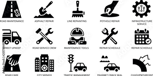 Large collection of road maintenance icons including asphalt repair street upkeep traffic management city infrastructure services and pothole repair symbols