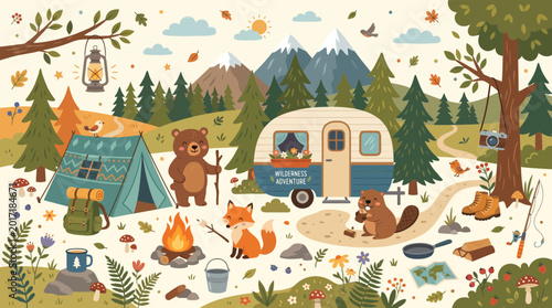Cute Forest Animal Camping Illustration with Vintage Trailer