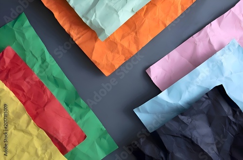 Top view of colorful crumpled paper sheets on dark background - Abstract textured background.