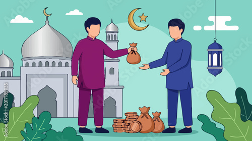 Tableau sur toile Islamic Charity and Donation: Muslim Men Giving Zakat in Front of Mosque