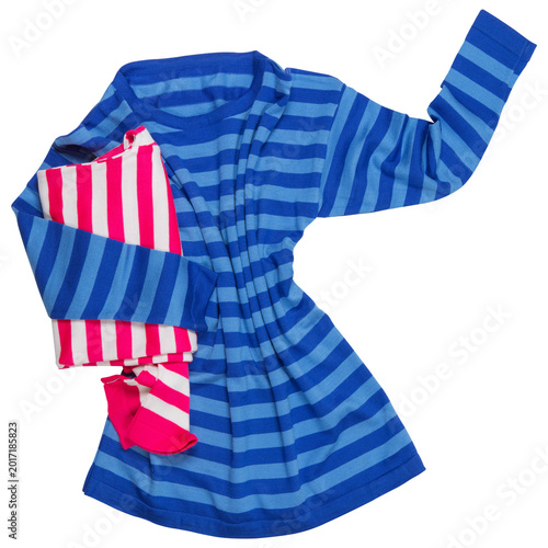 Invisible person holding stack of folded clothes, floating striped sweater pointing at copy space, retail and shopping concept.