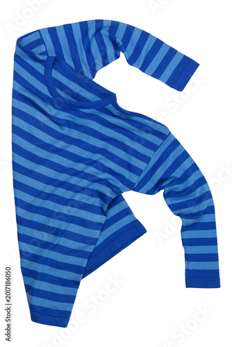 Levitating blue striped sweater isolated on white, ghost mannequin effect, creative flying clothes concept.
