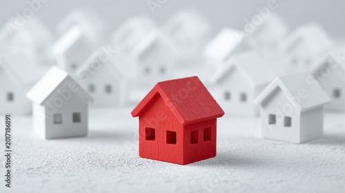 Red small wooden house standing out from white small wooden houses representing unique property choice or individual home concept in real estate market
