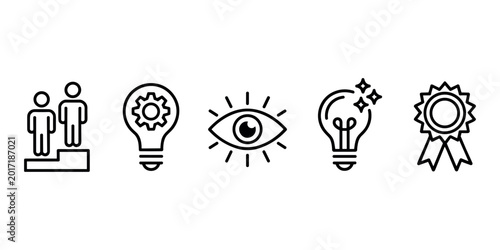 Foto Black line of people on podium light bulb with gear eye with lines light bulb wi