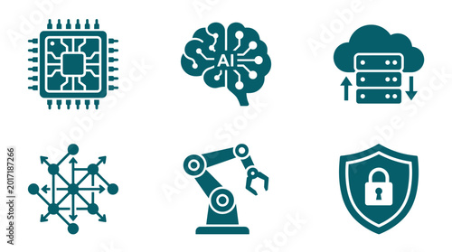 Illustrative icons representing technology concepts such as AI, data storage, and cybersecurity