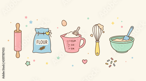 Colorful kitchen illustration featuring baking tools, ingredients, and playful decorations