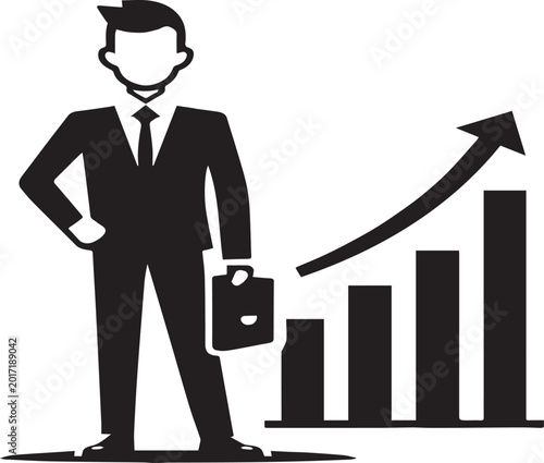 Businessman holding a briefcase beside a rising profit chart isolated on a white background for professional corporate marketing presentations.