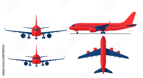 Quadro su tela Red Airplane Set: Front, Side, Top, and Bottom Views