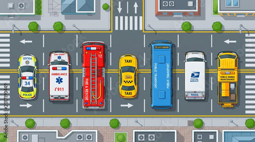Top view of various emergency and public transport vehicles on a city street.