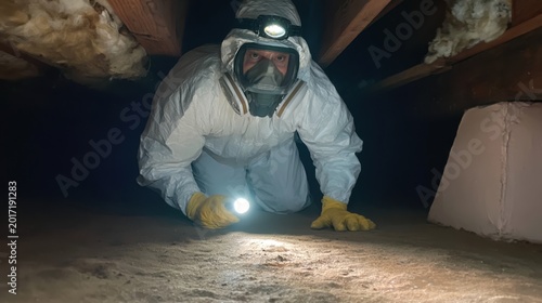 Man in protective suit and mask inspecting dark confined crawl space under house with flashlight for mold or pest problem