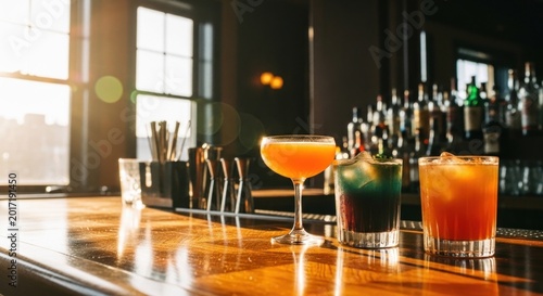 Cocktails lined up on a polished wooden bar counter with natural light.