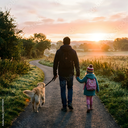 Father and daughter walking dog on rural path at sunset