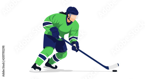 Photography Ice Hockey Player Female Green Uniform Stick Puck Action White Background