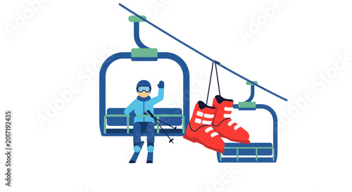 Foto Skier riding chairlift with boots hanging, winter sports, isolated on white background