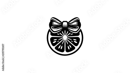 Foto Isolated lemon icons, citrus fruit fresh food symbols, organic nutrition  in black and white  vector  minimal logo, Round lemon slice decorated with a flirty blue bow