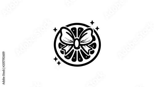 Foto Isolated lemon icons, citrus fruit fresh food symbols, organic nutrition  in black and white  vector  minimal logo, Round lemon slice decorated with a flirty blue bow