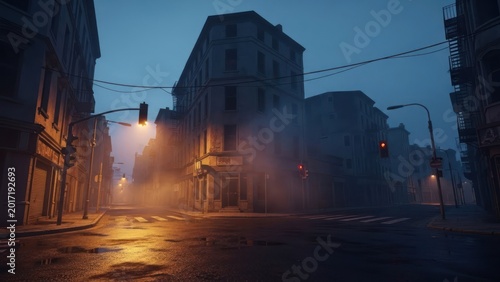 Mysterious Foggy City Street at Dusk with Glowing Streetlights.