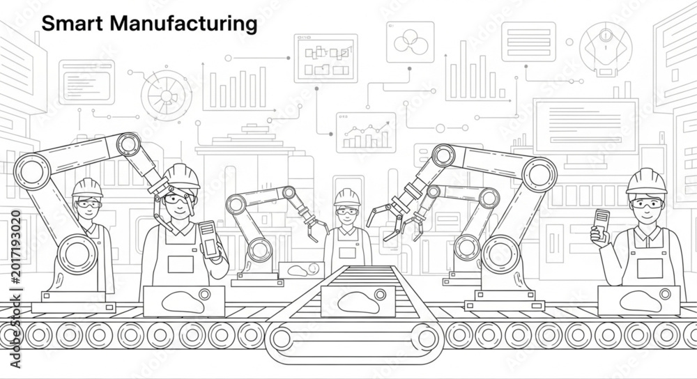 Obraz premium Smart Manufacturing Industry Automation Robots Assembly Line.